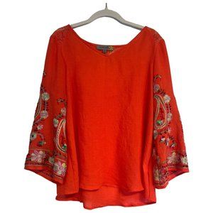 Figueroa and Flower Womens 3/4 Sleeve Embroidered Top Size XL Boho Sheer Orange